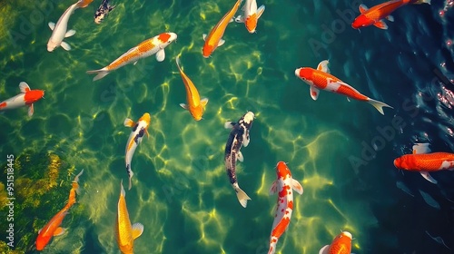 A top-down view of Koi carps swimming in clear water, their vibrant scales forming a beautiful pattern.