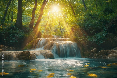 Sunbeams Illuminating a Waterfall in a Lush Forest