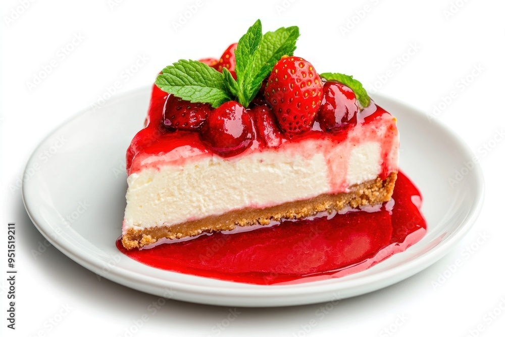 Delicious Strawberry Cheesecake Slice on White Plate Delicious Strawberry Cheesecake Slice on White Plate