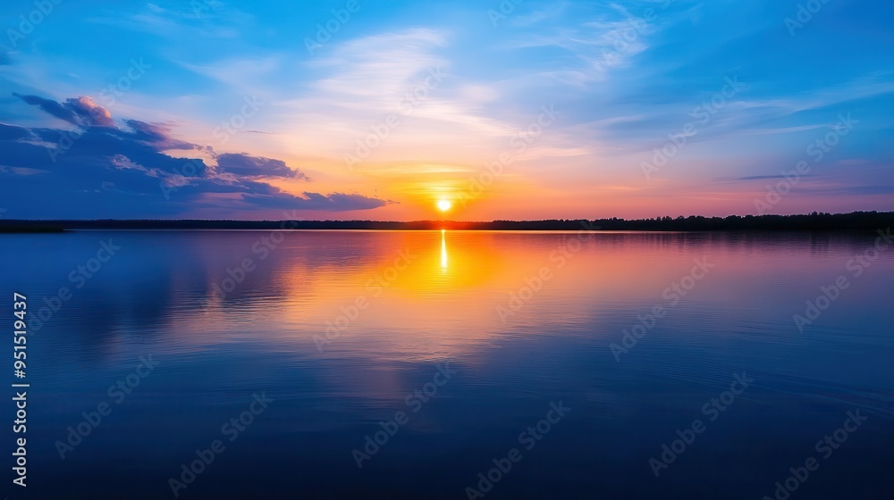 A serene sunset reflects on calm waters, showcasing vibrant hues of orange and blue, creating a peaceful and tranquil scene. A serene sunset reflects on calm waters, showcasing vibrant hues of orange and blue, creating a peaceful and tranquil scene.