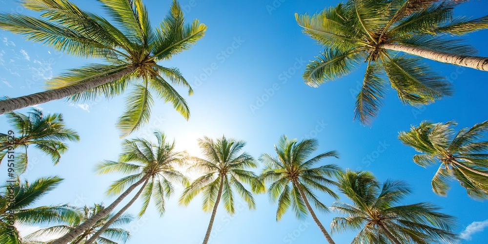 Low angle view of tropical coconut palm trees against a clear blue sky ideal for a copy space image Low angle view of tropical coconut palm trees against a clear blue sky ideal for a copy space image