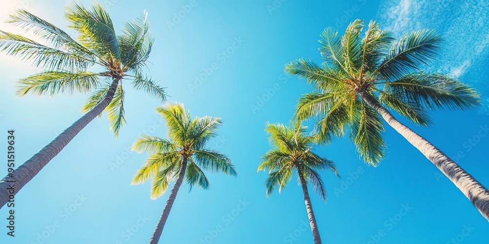 Fototapeta premium Low angle view of tropical coconut palm trees against a clear blue sky ideal for a copy space image