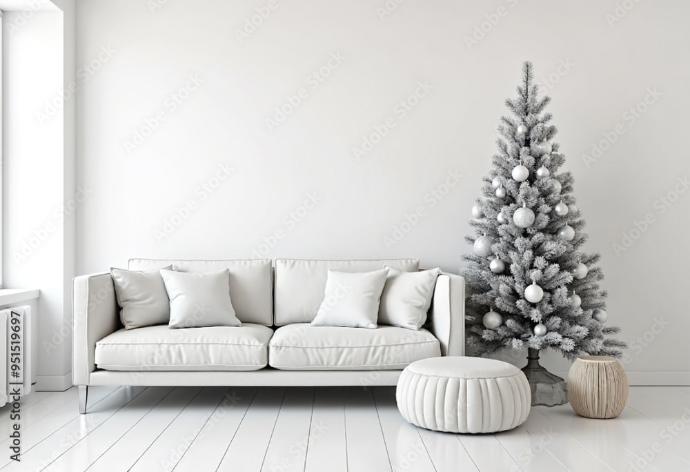 Modern minimalist living room for Christmas features white walls and modern furniture. A Christmas tree decorated with silver and white ornaments Modern minimalist living room for Christmas features white walls and modern furniture. A Christmas tree decorated with silver and white ornaments