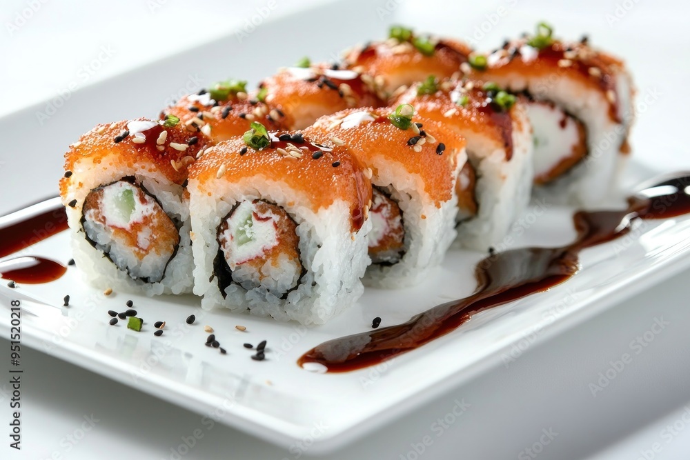 Delicious Salmon Sushi Rolls on White Plate Delicious Salmon Sushi Rolls on White Plate