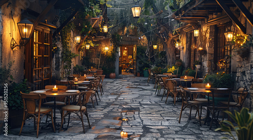 Fototapeta Naklejka Na Ścianę i Meble -  Cafe in the city at night, cobblestone street, tables and chairs with coffee cups on them, warm lighting from lanterns hanging above each table, vintage. Generative AI.