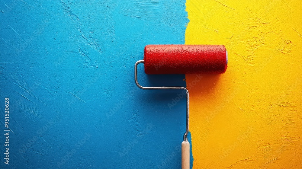 Obraz premium A vibrant paint roller painting a wall in blue, with nearby sections in yellow and red, illustrating a colorful room transformation.