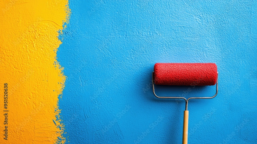 Obraz premium A vibrant paint roller painting a wall in blue, with nearby sections in yellow and red, illustrating a colorful room transformation.
