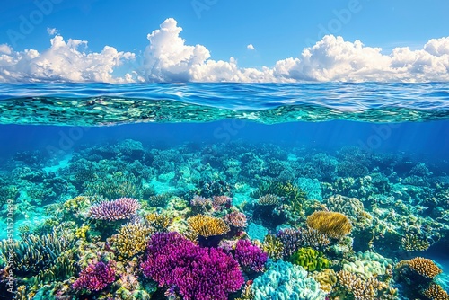 Underwater View of Vibrant Coral Reef and Blue Sky