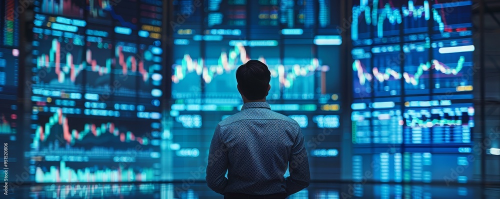 Businessperson in front of multiple screens showing falling stocks, price drop business, market decline concept Businessperson in front of multiple screens showing falling stocks, price drop business, market decline concept