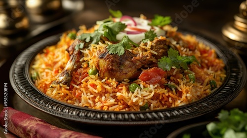 A vibrant plate of traditional Indian biryani, garnished with fresh herbs and served with raita, showcasing the rich flavors of Indian cuisine.