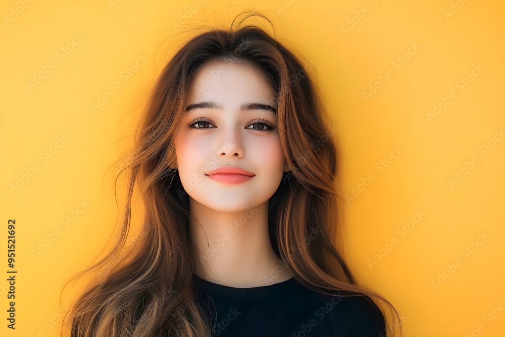 鮮やかな黄色の背景に映える、美しい長い髪を持つ若い女性のポートレート。彼女の穏やかな微笑みと繊細な表情が、この鮮やかな背景と完璧に調和しています。 鮮やかな黄色の背景に映える、美しい長い髪を持つ若い女性のポートレート。彼女の穏やかな微笑みと繊細な表情が、この鮮やかな背景と完璧に調和しています。