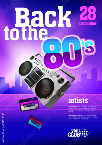 Back to the 80's party eighties style poster design. Audio cassettes, boombox recorder. Geometrical composition with city skyline. Editable EPS 10 vector