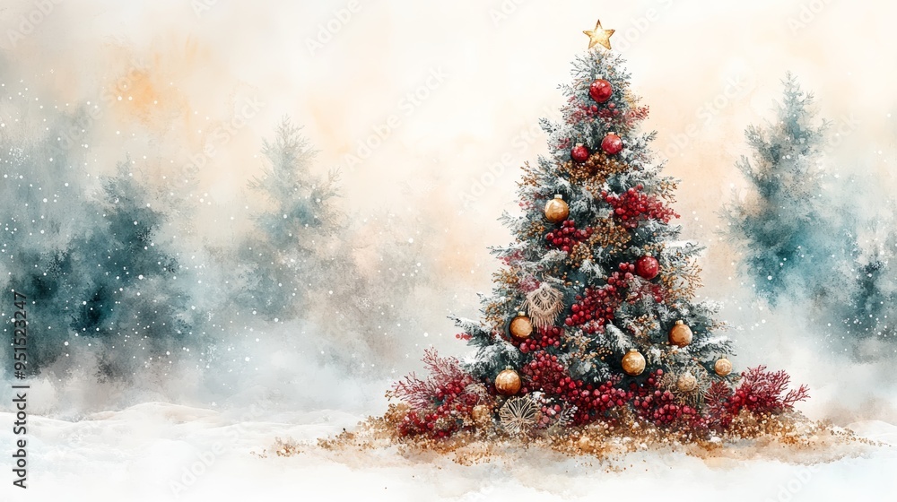 A beautifully decorated Christmas tree surrounded by a serene snowy landscape, capturing the essence of winter festivities. A beautifully decorated Christmas tree surrounded by a serene snowy landscape, capturing the essence of winter festivities.