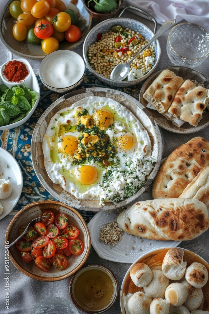 A traditional Emirati breakfast spread featuring khameer bread and cheese. A traditional Emirati breakfast spread featuring khameer bread and cheese.