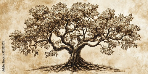 intricate handdrawn family tree illustration vintage sepia tones delicate branching oak design ornate leaf engravings nostalgic atmosphere