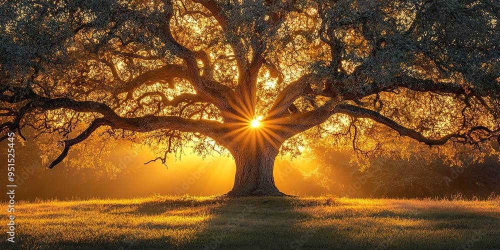 Majestic oak tree illuminated by golden sunrise light, casting a warm ...