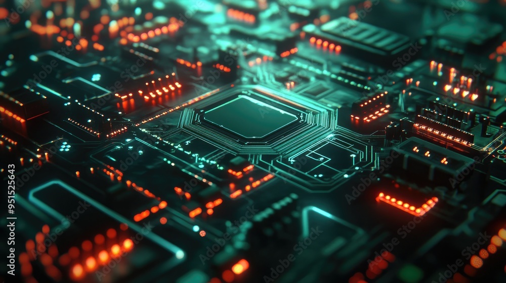 An abstract circuit board design with intricate lines and glowing elements, highlighting the complexity of modern technology. An abstract circuit board design with intricate lines and glowing elements, highlighting the complexity of modern technology.