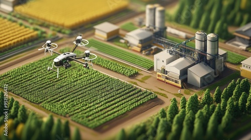 An agricultural industry setup with smart farming devices, IoT sensors, and drones enhancing productivity and sustainability.