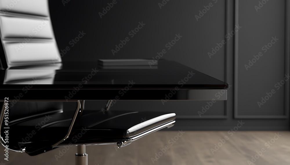 Black Office Desk with Chrome Detail and White Leather Chair