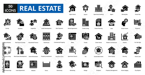 real estate icon set collection. house key, blueprint, for Sale Sign, home loan, city skyline, open house, search, apartment building, agent, moving box, survey