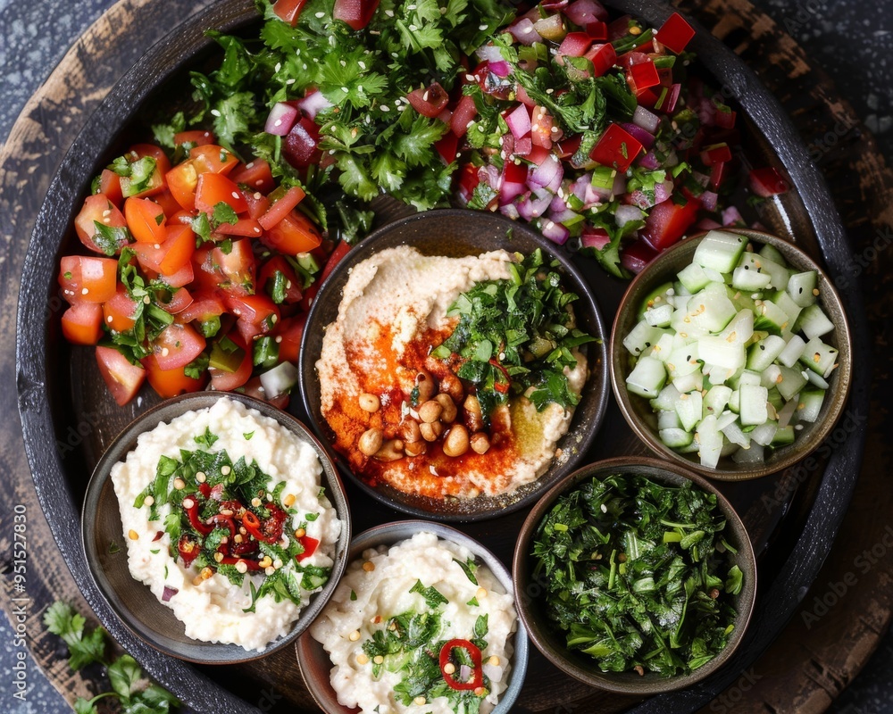 An Arabic mezze platter featuring hummus, tabbouleh, and baba ganoush. An Arabic mezze platter featuring hummus, tabbouleh, and baba ganoush.