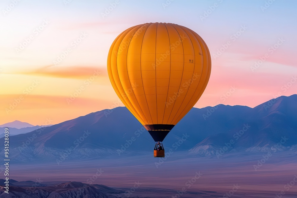 Obraz premium A stunning hot air balloon floats gracefully against a colorful sunset, showcasing the beauty of aerial exploration and adventure.