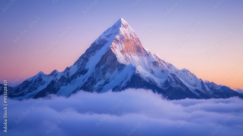 A stunning mountain peak rising majestically above the clouds, illuminated by the soft glow of dawn. A stunning mountain peak rising majestically above the clouds, illuminated by the soft glow of dawn.