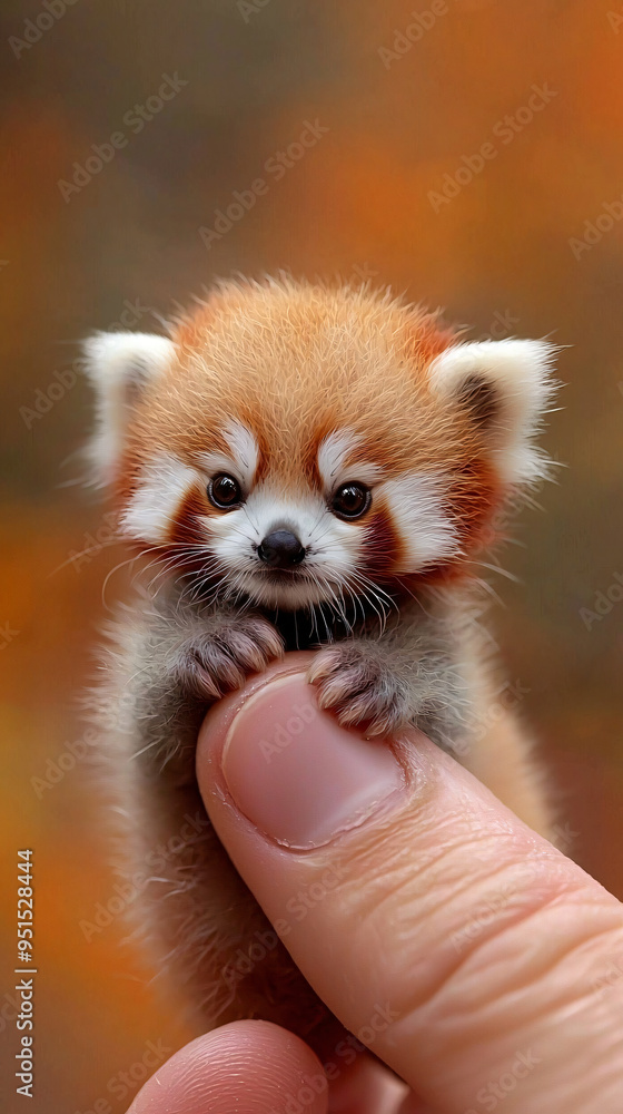 Obraz premium A minuscule baby red panda, smaller than a grain of sand, perches delicately on a fingertip. Covered in soft reddish-brown fur, with tiny eyes full of curiosity and a sweet, rounded face, it radiates 