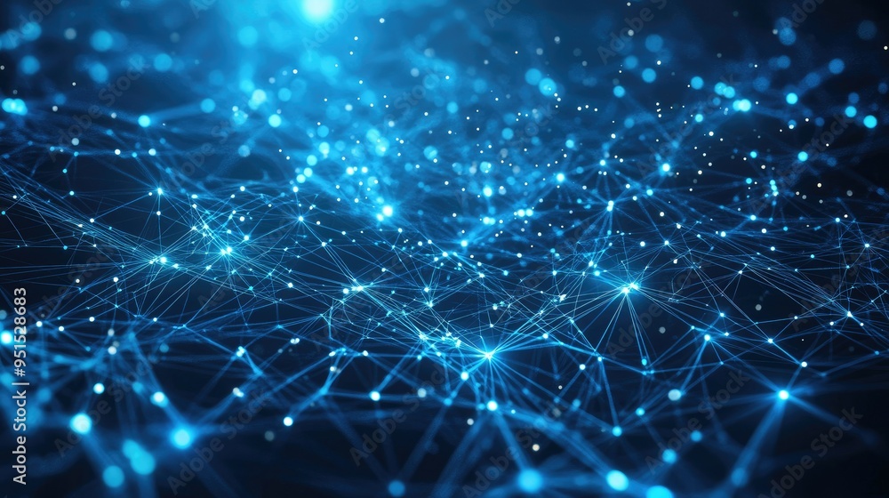 Blue abstract digital network with glowing connections and nodes, creating a complex web of interconnected systems in a cybernetic space. Blue abstract digital network with glowing connections and nodes, creating a complex web of interconnected systems in a cybernetic space.
