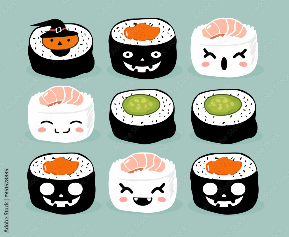 Adorable sushi rolls with playful faces, ideal for food lovers and Halloween-themed celebrations. Adorable sushi rolls with playful faces, ideal for food lovers and Halloween-themed celebrations.