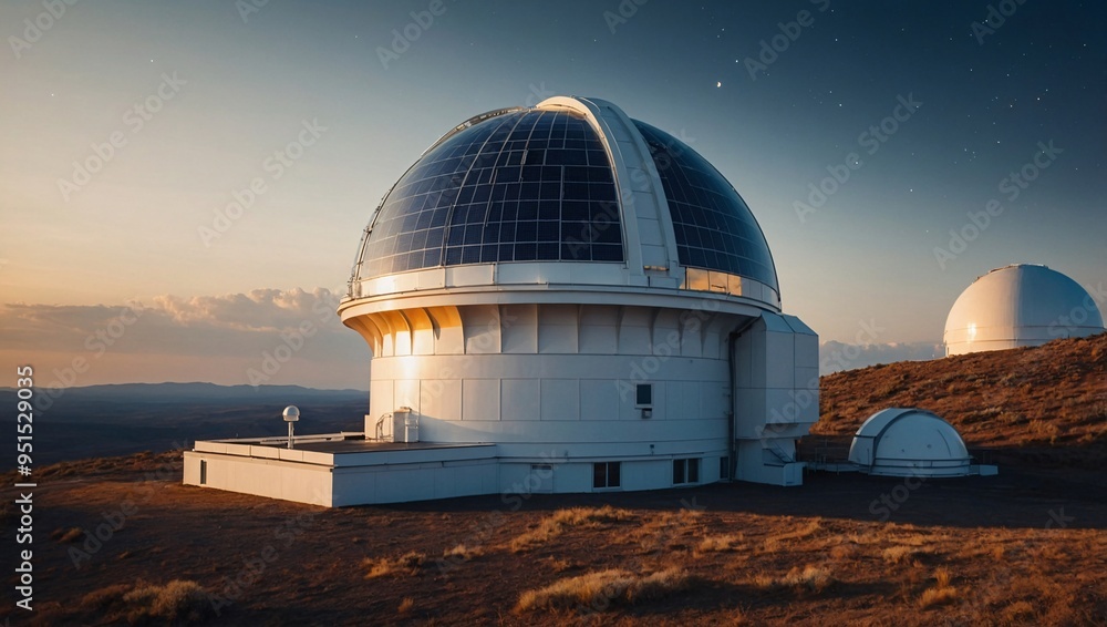 High-tech observatory with solar panels reflecting celestial bodies. High-tech observatory with solar panels reflecting celestial bodies.