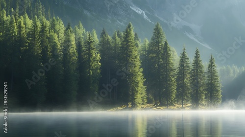 A peaceful mountain lake surrounded by evergreen trees, with mist rising from the water at dawn