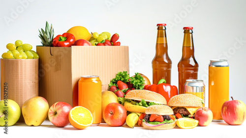 An inviting display features a variety of fast food, fresh fruits, and refreshing drinks arranged beautifully against a clean backdrop photo