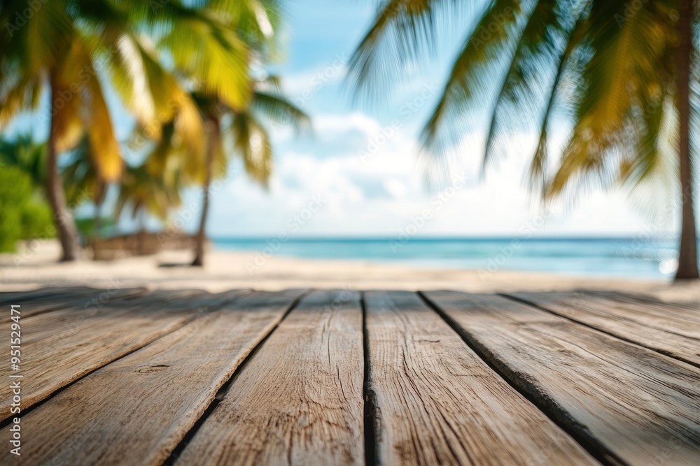 Empty wooden table with blurred beach with coconut trees in the background with generative ai Empty wooden table with blurred beach with coconut trees in the background with generative ai