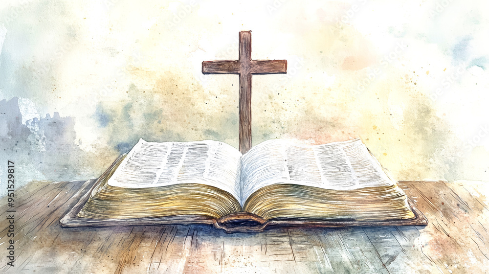 An open Bible with a wooden cross sits gracefully on a rustic table, evoking tranquility and faith with soothing watercolor hues An open Bible with a wooden cross sits gracefully on a rustic table, evoking tranquility and faith with soothing watercolor hues