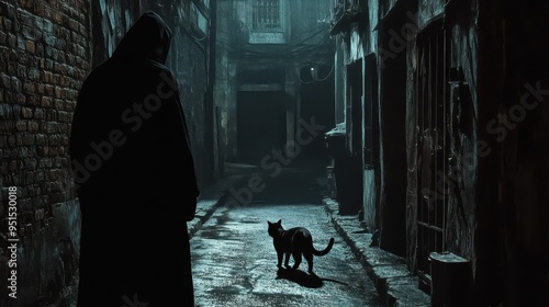 Mysterious Alleyway at Night: Silhouetted Figure and Stray Cat