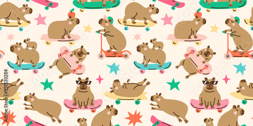 Seamless pattern with cute capybaras on skateboards. Hand drawn vector illustration. Naive childish design. Cool comic character, kids poster, card, social media banner.