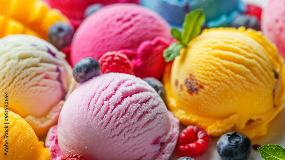 A delicious assortment of ice cream scoops in strawberry, orange, and vanilla flavors. Several scoops of fruit-flavored ice cream served to delight. A delicious assortment of ice cream scoops in strawberry, orange, and vanilla flavors. Several scoops of fruit-flavored ice cream served to delight.