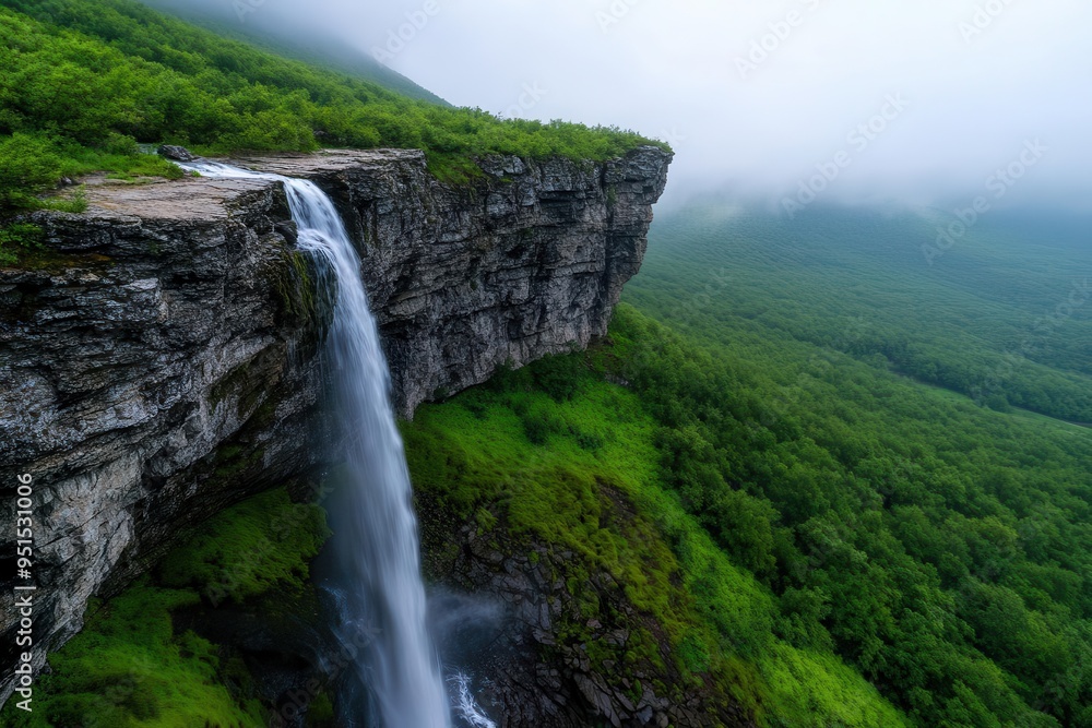 A stunning waterfall cascades down rocky cliffs, surrounded by lush greenery and misty mountains, creating a serene natural landscape. A stunning waterfall cascades down rocky cliffs, surrounded by lush greenery and misty mountains, creating a serene natural landscape.