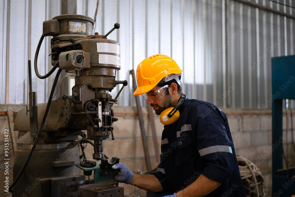 Blue collar workers at machine shop with welding robot arm. Blue collar workers at machine shop with welding robot arm.