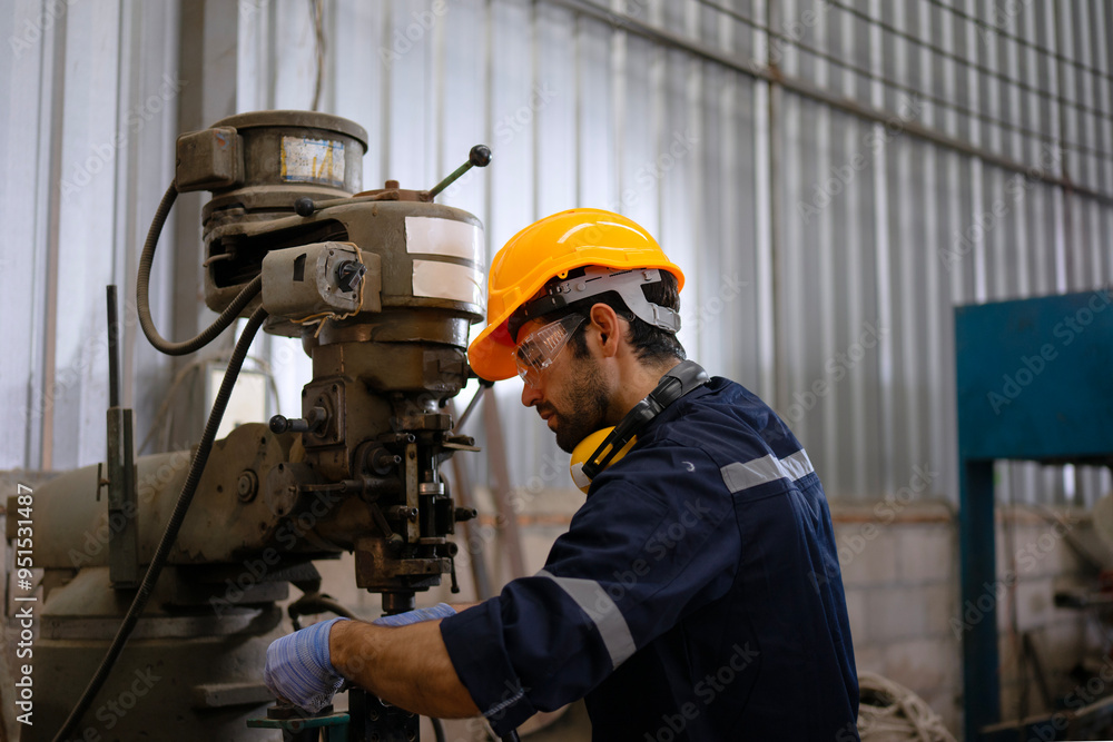 Blue collar workers at machine shop with welding robot arm. Blue collar workers at machine shop with welding robot arm.