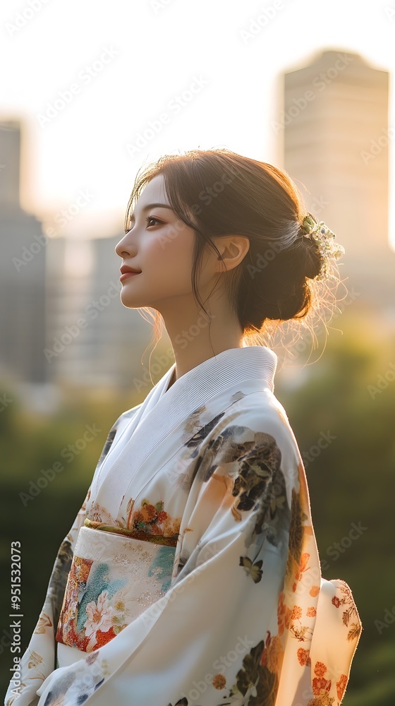 Elegant Asian Woman in Flowing Silk Kimono Stands Gracefully in Urban Park Sunset Elegant Asian Woman in Flowing Silk Kimono Stands Gracefully in Urban Park Sunset