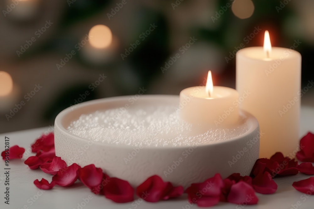 A tranquil scene featuring candles and bath salt with rose petals, creating a serene atmosphere for relaxation and self-care. A tranquil scene featuring candles and bath salt with rose petals, creating a serene atmosphere for relaxation and self-care.
