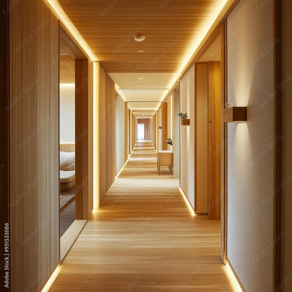 Fototapeta premium Cozy hallway with warm lighting, wooden accents, and a welcoming atmosphere, connecting different spaces