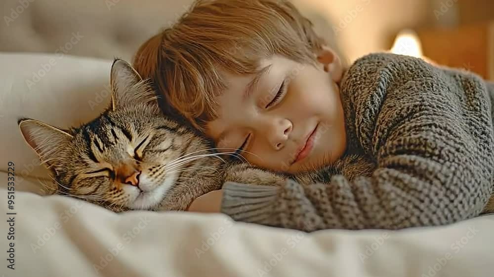 A heartwarming of a young child and a cat sleeping soundly together. A heartwarming of a young child and a cat sleeping soundly together.