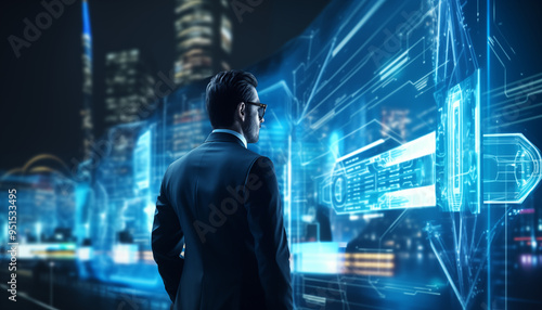 Wallpaper Mural Strategic Businessman Analyzing Futuristic City Layout with Holographic Earth Model Torontodigital.ca