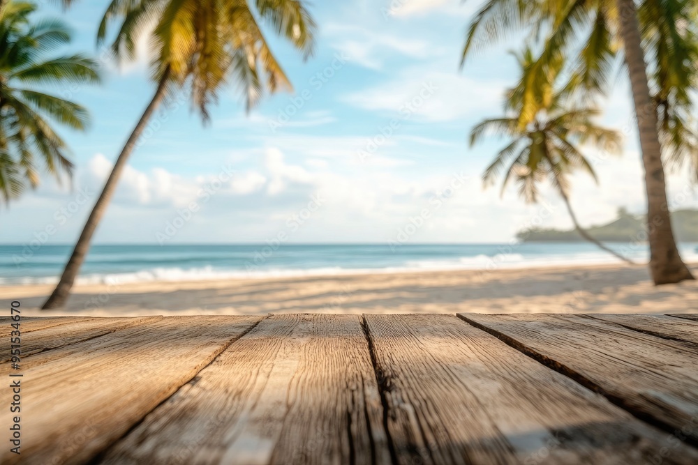 Empty wooden table with blurred beach with coconut trees in the background with generative ai Empty wooden table with blurred beach with coconut trees in the background with generative ai