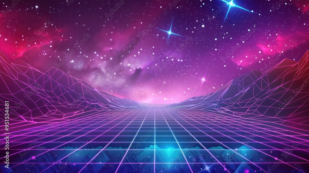 Retrofuturistic Landscape with Neon Grid and Stars Retrofuturistic Landscape with Neon Grid and Stars
