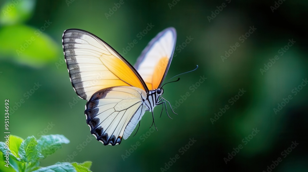 A vibrant butterfly gracefully flutters in a lush green environment, showcasing its stunning wings and natural beauty. A vibrant butterfly gracefully flutters in a lush green environment, showcasing its stunning wings and natural beauty.