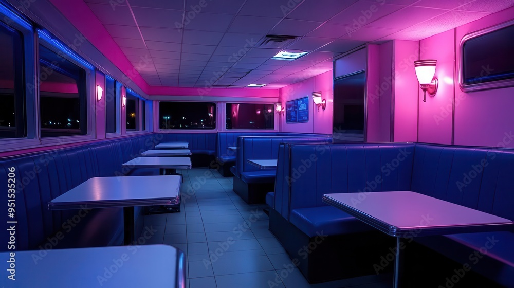 A vibrant diner interior showcasing blue and pink lighting, perfect for a retro-themed atmosphere with empty seating. A vibrant diner interior showcasing blue and pink lighting, perfect for a retro-themed atmosphere with empty seating.